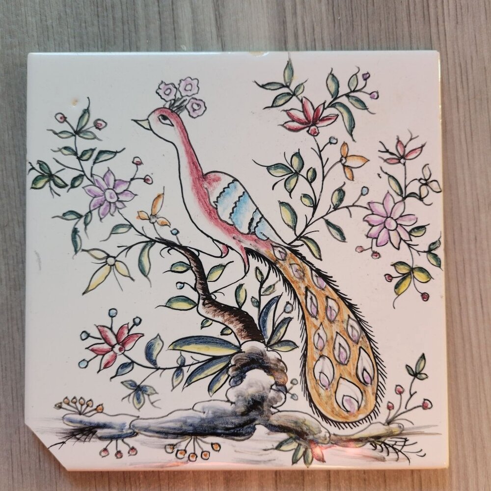 Decorative Spanish Ceramic Tile With Hand-Painted Peacock & Floral Design